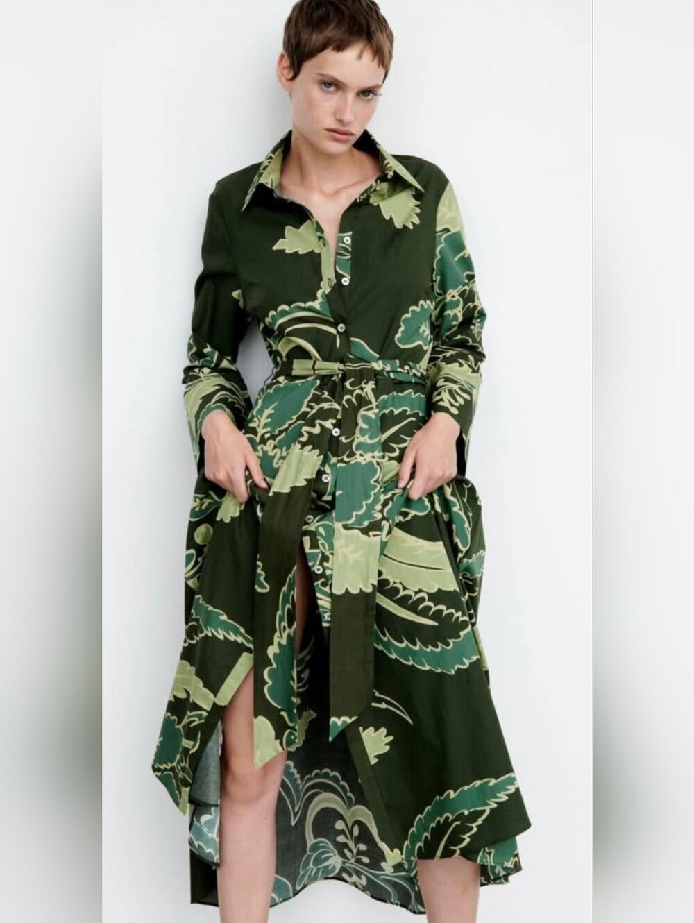 Zara Green Floral  Printed Long Belted Maxi Dress